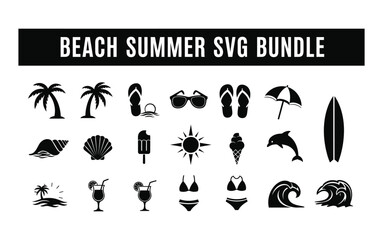 Obraz premium Summer beach icons depict palm trees, sunglasses, and flip flops.