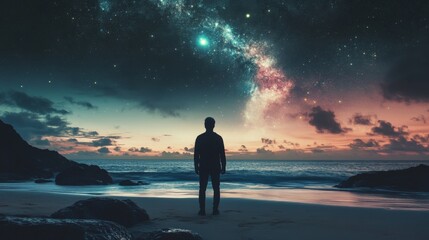 Fototapeta premium A lone figure stands on a beach at night, gazing up at a starry sky filled with a swirling nebula.