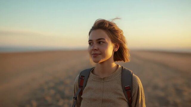 Young woman backpack beach sunset contemplative warm light golden hour serene smile walking empty