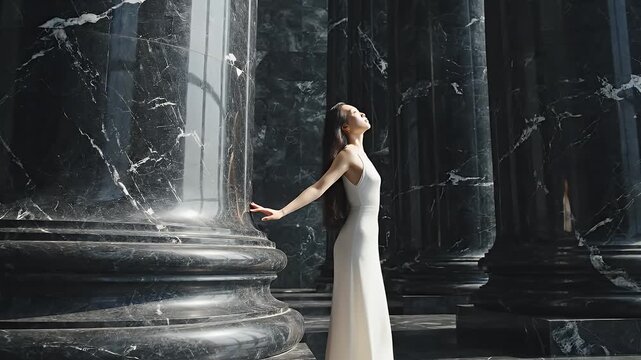 Woman in white dress standing beside a marble column.