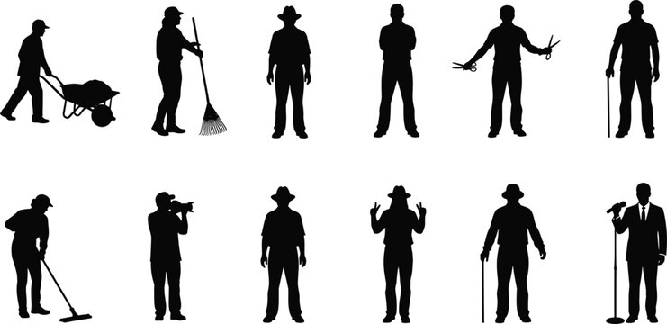 Men silhouette collection with professions and activities isolated on white background, worker photographer singer gardener vector icon set