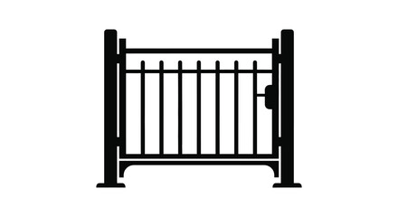 A simple black and white illustration depicts a metal fence gate closed and facing forward high quality professional