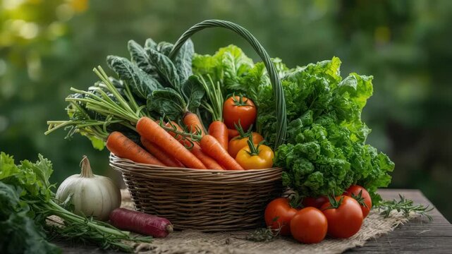 Fresh organic basket of carrot tomato lettuce garlic radish with vibrant natural light and leafy