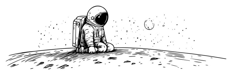 astronaut sitting on moon surface with stars drawing