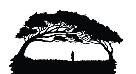 Obraz premium Lone figure stands under the sheltering branches of two silhouetted trees, creating a sense of introspection and natural wonder.