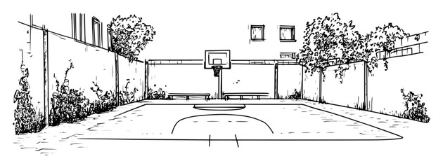 backyard basketball court with trees and house © Kaz