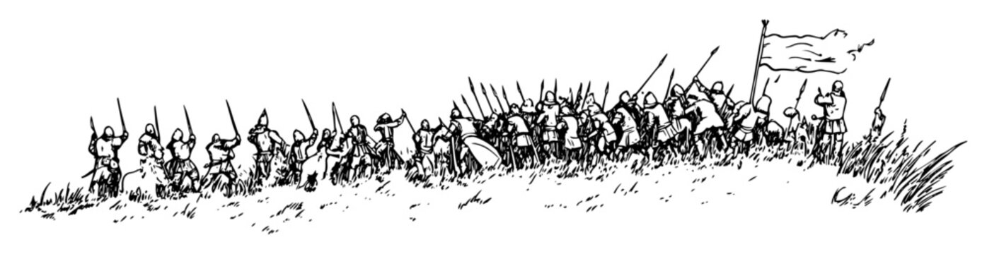 medieval army marching with flags hand drawn