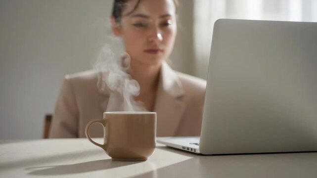 Steaming coffee, coffee cup and laptop with focused woman workspace remote work, morning business