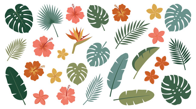 Flat lay vector illustration of vibrant tropical leaves and hibiscus flowers scattered on a white background, concept for fashion, summer background and beach party invitations
