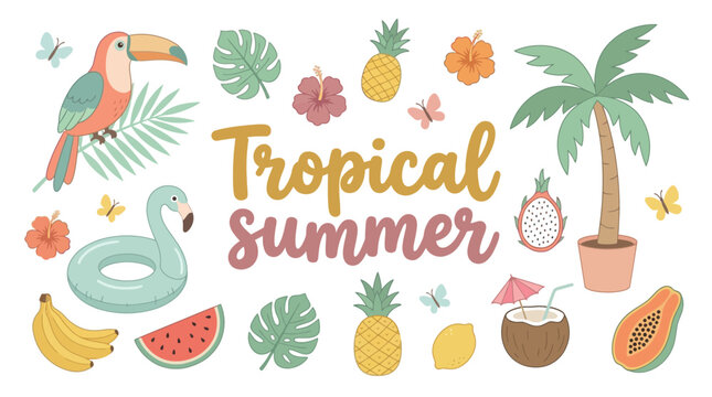 Colorful tropical summer vector design set featuring toucan, fruits, leaves and hand-drawn 'Tropical Summer' text, concept for holiday invitations, travel marketing and children's party decoration