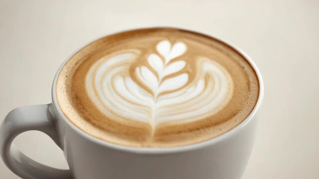 Latte cup foam latte art heart tulip pattern creamy coffee in warm cozy tones