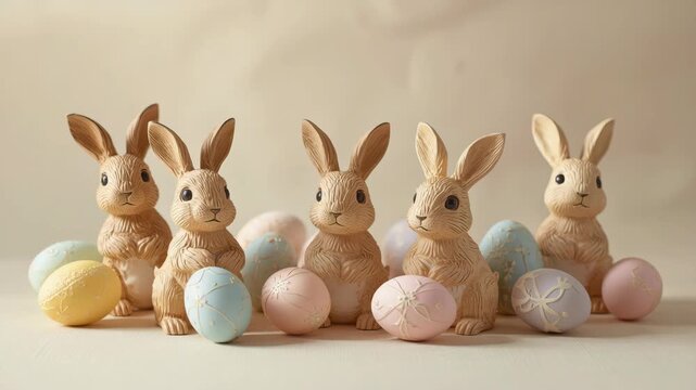 Easter bunny figurine lineup with pastel decorated egg collection, cute bunny figurine row