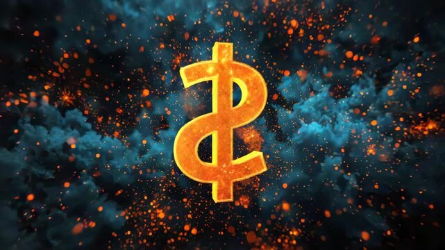 Yellow vertical rectangle amid blue smoke and orange particles with glowing golden dollar sign
