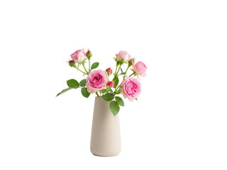 Fototapeta premium Beautiful bouquet of pink roses in a white vase isolated on transparent background