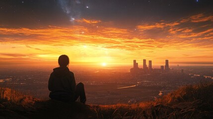 A lone figure sits on a hilltop overlooking a city skyline at sunset, gazing at the beautiful sky.