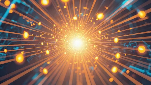 Radiant digital nanosphere orange light ray burst through futuristic circuitry with vibrant