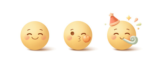 Naklejka premium Set of yellow emoji, emoticons, 3D. Smile, kiss, smiley with birthday hat. Isolated icons. For celebration concepts, greetings. Vector illustration.