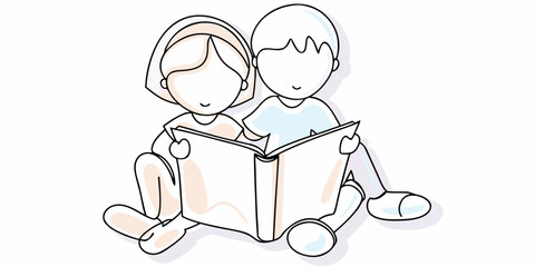 Two children are reading a book together in a simple illustration