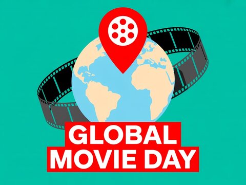 Global movie day illustration with film strip and globe icon on green background