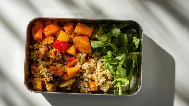 Roasted pepper grain salad with arugula, couscous and millet lunchbox bright healthy bowl