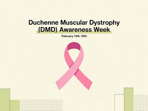 Duchenne muscular dystrophy dmd awareness week pink ribbon symbol on beige background with green accents