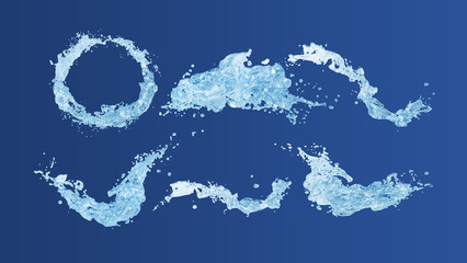 Fototapeta premium Water splash set, 5 liquid wave shapes, blue dynamic effect 