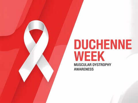Duchenne muscular dystrophy awareness campaign with white ribbon on red and white background for advocacy