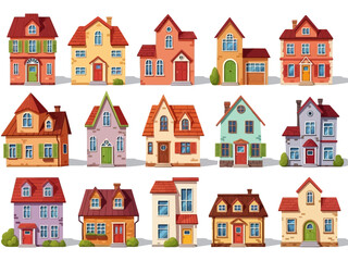 Colorful cartoon houses in various styles and shapes