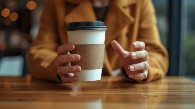 Woman holding takeaway cup and paper cup with cup sleeve hands coffee cup warm bokeh lights cozy