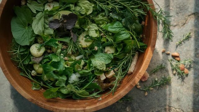 Fresh herb green salad with rosemary and pine nuts in wooden bowl rustic vibrant natural light