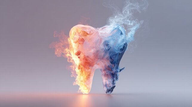 A surreal image of a tooth emanating both fire and ice, representing the concepts of hot and cold, pain and relief, health and disease