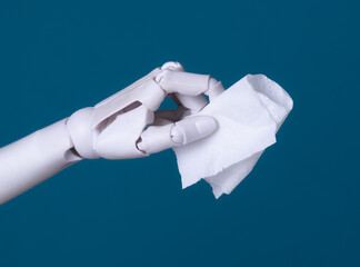 AI Robotic Hand Holding White Tissue Paper for Hygiene and Cleaning