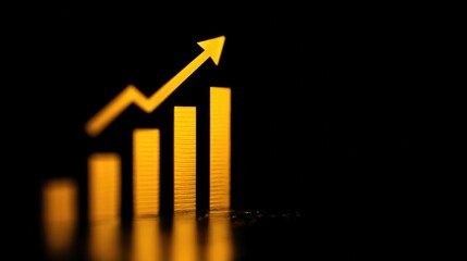 Golden chart with an arrow showing an increase on a black background. Represents economic growth and success