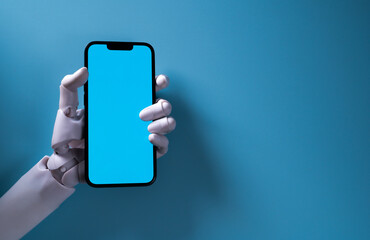 Robotic Hand Holding Smartphone with Empty Blue Screen for Mockup