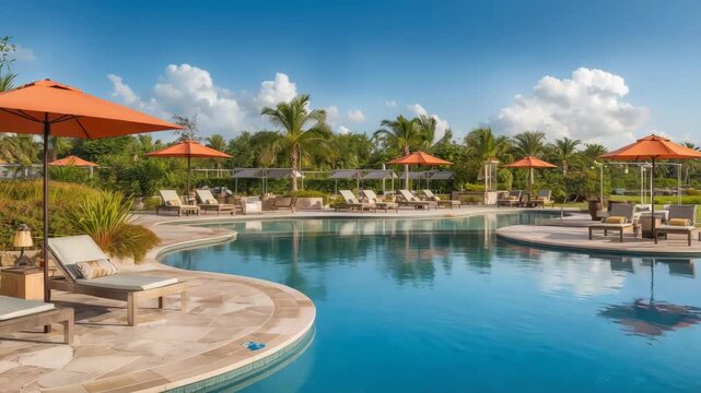 Tropical resort pool umbrella lounge chair palm tree orange umbrellas sunny relaxing atmosphere