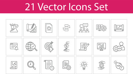 Business Strategy and Project Management line Icon Set: Planning, Goal Setting, Analysis, and Creative 
Idea Solutions Vector Icons. vector outline icons set