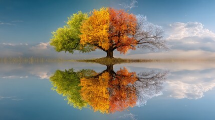 A stunning tree mirroring its image in water, showcasing the beauty of the four seasons in one frame. The tree displays vibrant green leaves of spring, the golden hues of autumn.