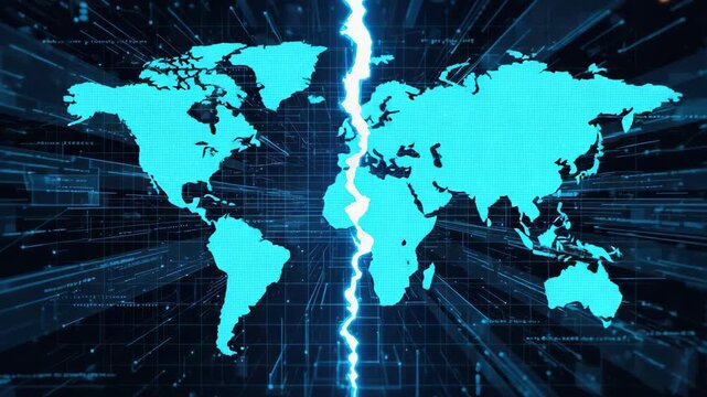 Digital world map split by glowing electric fracture with blue glow, global network data grid