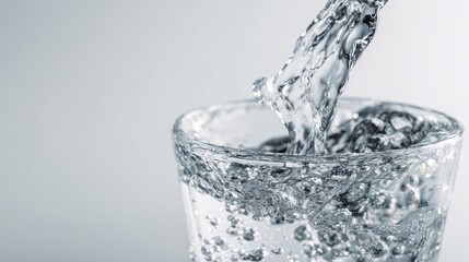 Close-up view of clear water pouring into a glass, creating refreshing liquid effect.  Water fills a glass with crystal clear freshness, creating a dynamic visual