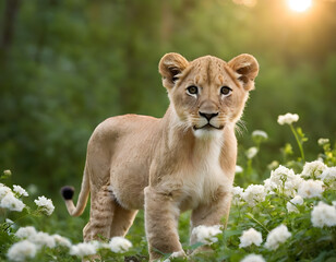 Obraz premium A beautiful baby lion is between the white flowers in the green forest at sunrise.