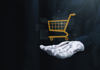 Robotic Hand Displaying Virtual Shopping Cart Icon for Smart Online Store