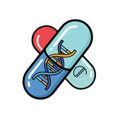 A colorful cartoon graphic of three pills with a DNA double helix