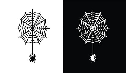 Black and white spider web illustrations with spiders and black backgrounds for halloween or nature designs © rsvect02