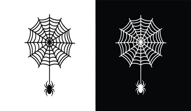 Black and white spider web illustrations with spiders and black backgrounds for halloween or nature designs