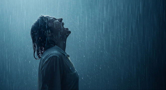 Emotional Person Screaming in Heavy Rain Seeking Catharsis.
