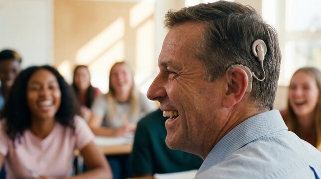 Cochlear Implant: Side profile portrait of a male teacher wearing a cochlear implant, laughing with students in the background, soft depth of field.