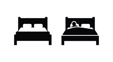 A minimalist depiction showcases two beds in black silhouettes one empty and the other occupied by a person