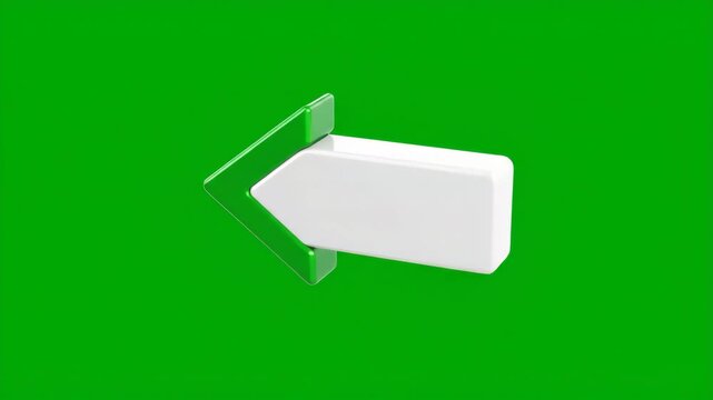 Isolated blank white and green directional arrow rotating slowly on a pure vibrant green screen background for easy chroma key compositing screen, turn, mockup
