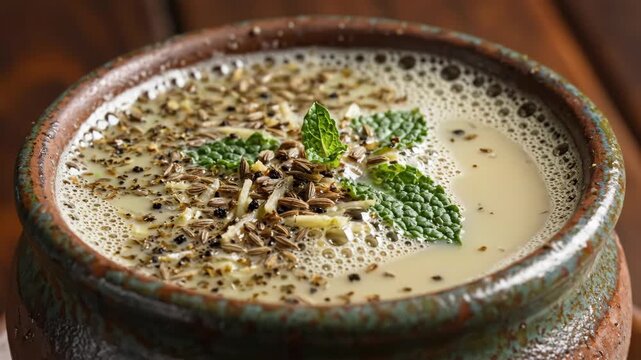 Traditional Pana Sweet Drink for Sankranti Festival with Fresh Mint and Spices in Earthenware Bowl
