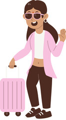 Obraz premium Indian female tourist character traveling with suitcase and waving hand gesture